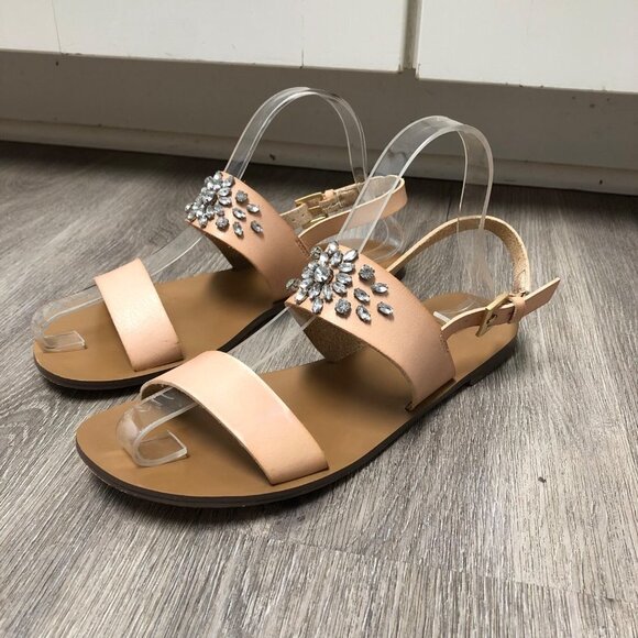 JCrew Women's Size 7 Sandals Crystal Embellished Blush Tan Leather Dual Strap - Picture 5 of 9